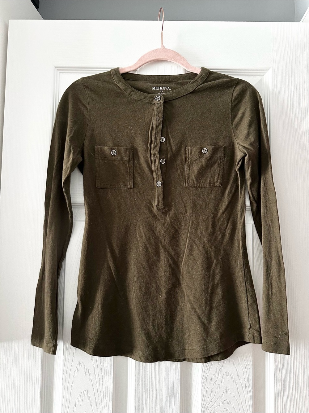 Merona Olive Khaki Green Long-Sleeve Henley Tee 100% Cotton